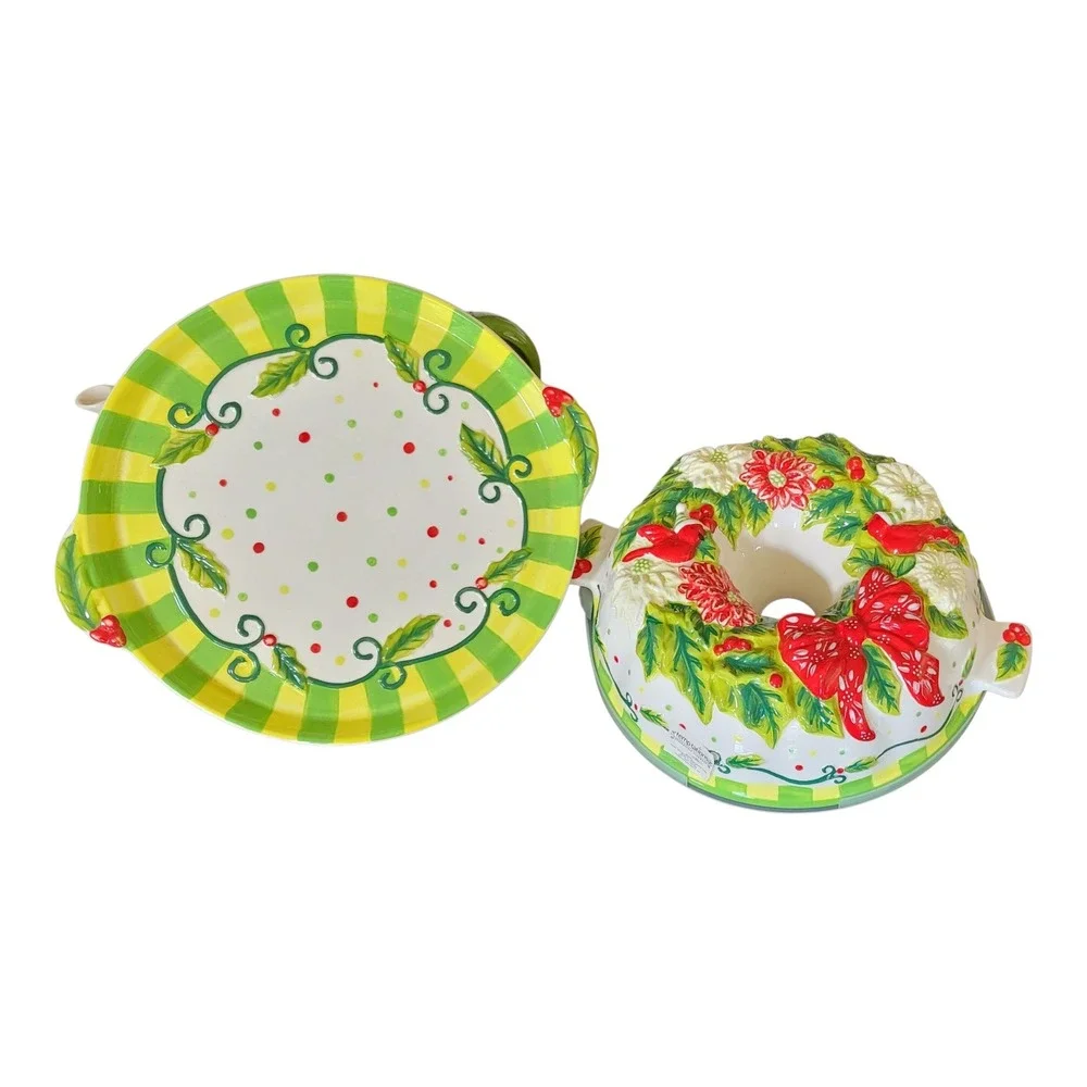 Temptations Presentable Ovenware Holiday Fluted Bundt Pan w Tray Ceramic Holiday
